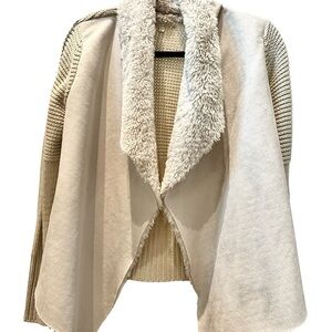 Joan Vass Cozy Faux Suede & Knit Draped Jacket with Faux Fur Trim – Size Medium